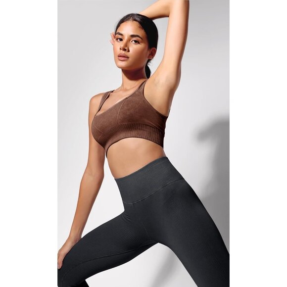 Women's Stone Washing Brown Square Neck Low Back Ribbed Cropped Sports Bra - Picture 4 of 5